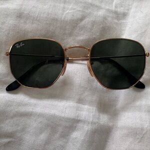 Ray-Ban Gold Ray-Ban RB3548N Hexagonal Flat Frame with Dark Green Lenses